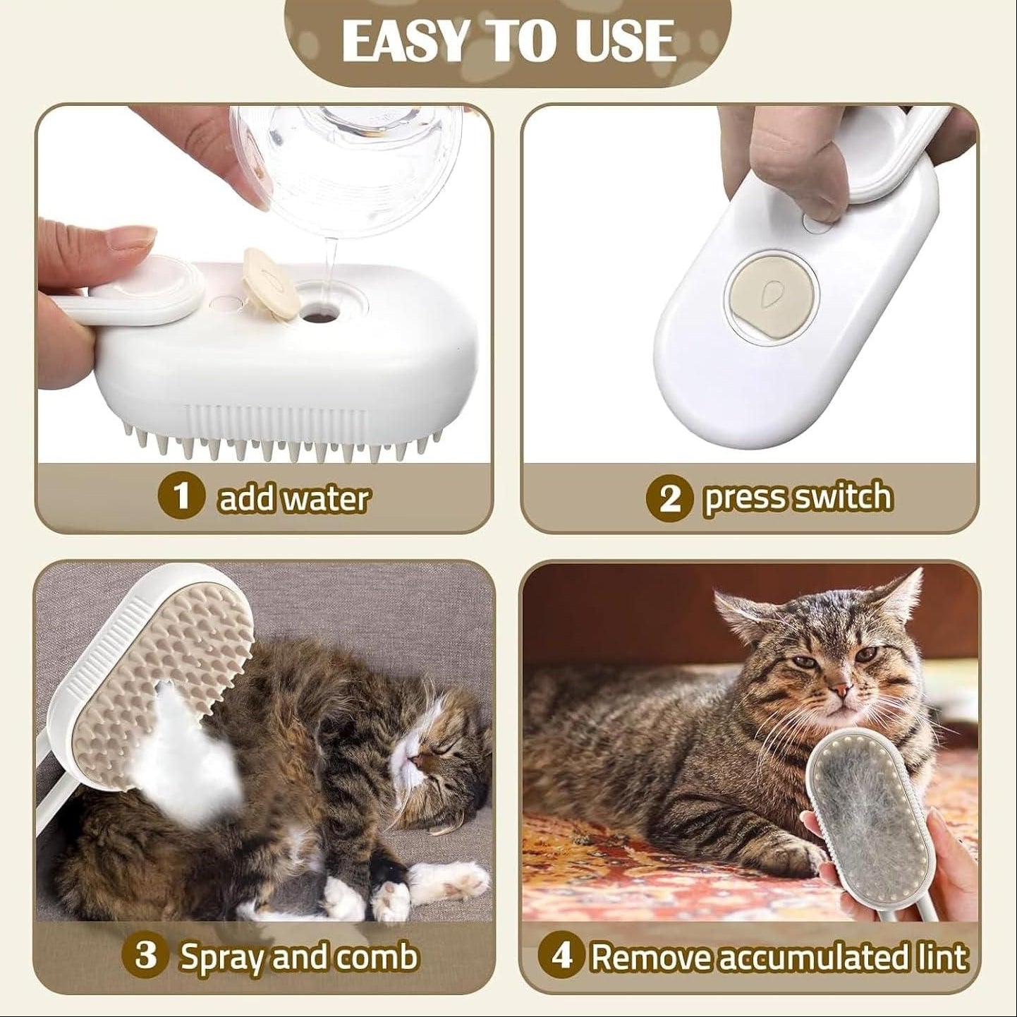 Product instructions for a pet grooming tool with images of use and a cat using it.