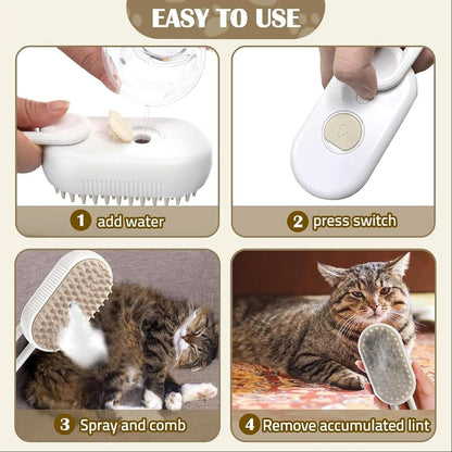 Product instructions for a pet grooming tool with images of use and a cat using it.