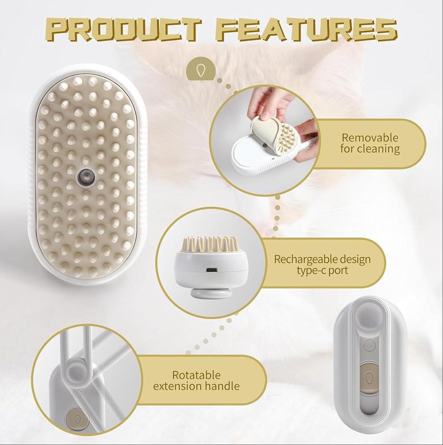 Product features of a grooming tool with illustrations and text on a white background.