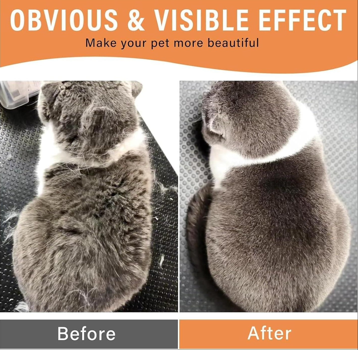 Before and after comparison of a cat with visible effect on fur texture.